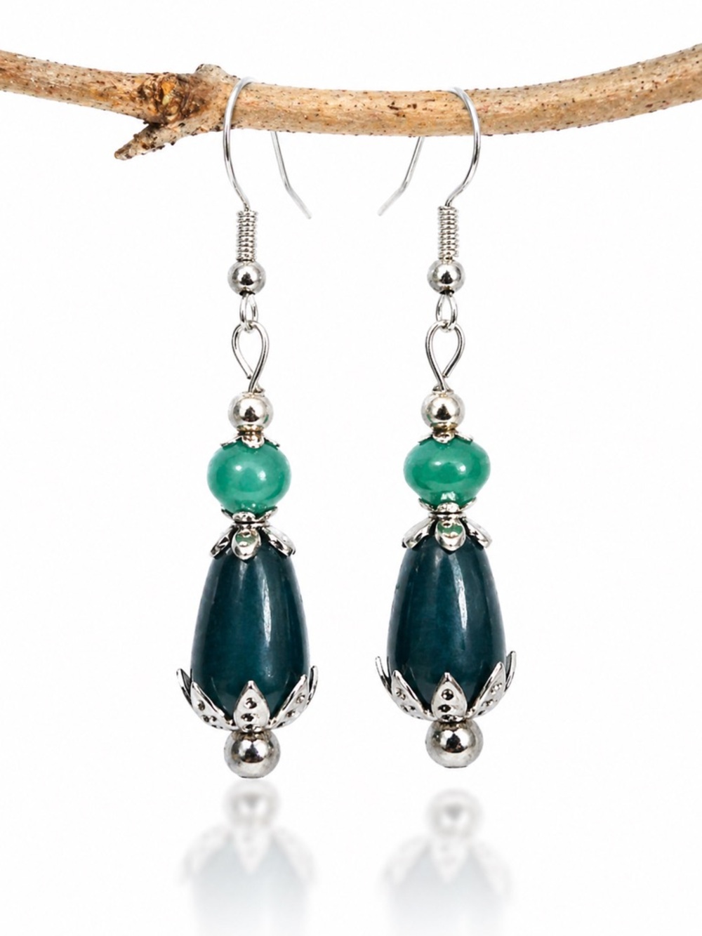 Dark Blue Drop Earrings, Teal Accent, Silver Dangle